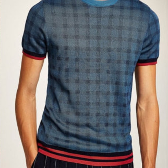 TOPMAN Sz M Blue Check Tipping Sweater Knit Shirt Stretch Short Sleeve Pullover - Picture 7 of 7